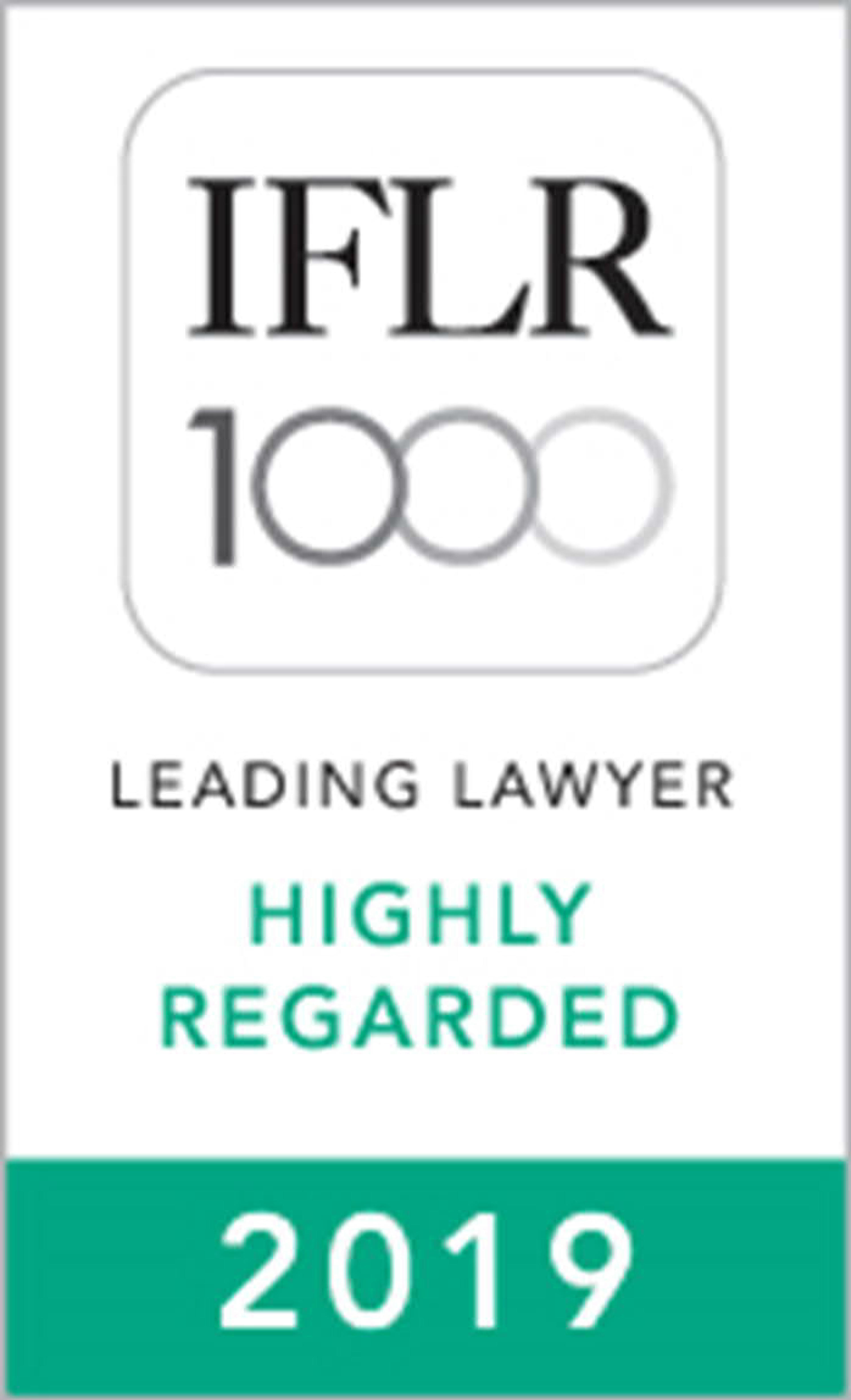 Highly Regarded Leading Lawyer in Financial & Corporate Law by IFLR1000, 2015-2019